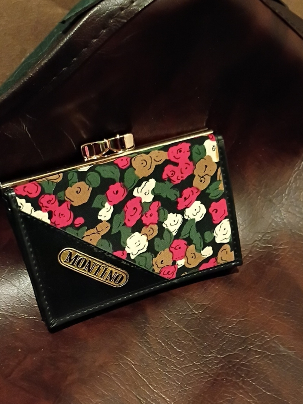 Floral Frame Clutch Wallet - Black with Pink, White & Green Floral Print